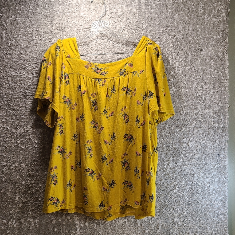 Lucky‎ Brand Women's Square Neck Floral Print Blouse Size L Yellow Cotton Modal